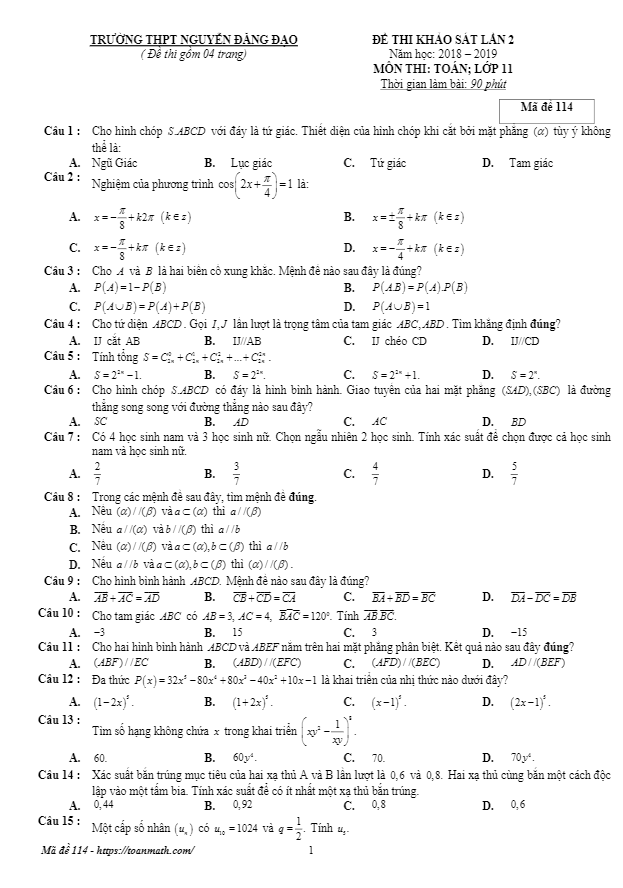 de khao sat lan 2 lop 11 mon toan nam 2018 2019 truong nguyen dang dao bac ninh d