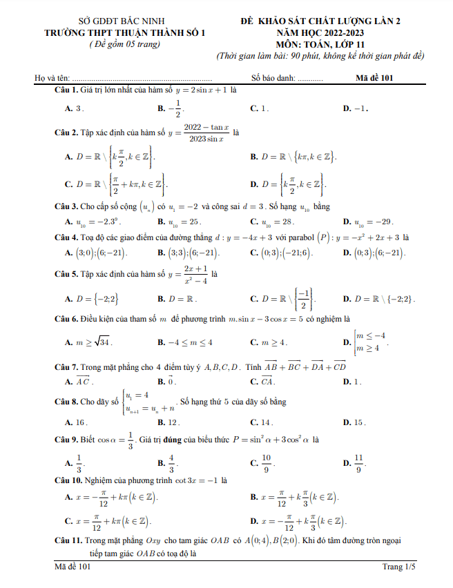 de khao sat lan 2 lop 11 mon toan nam 2022 2023 truong thpt thuan thanh 1 bac ninh d
