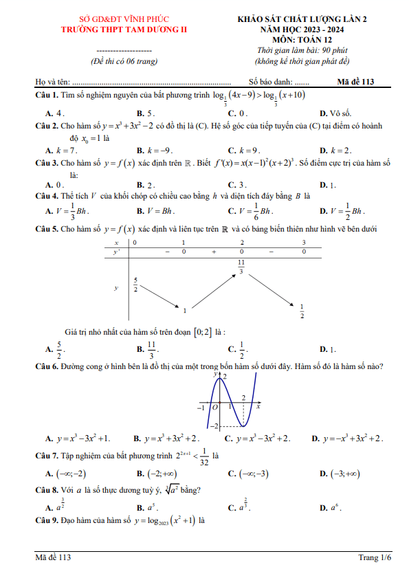 de khao sat lan 2 lop 12 mon toan nam 2023 2024 truong thpt tam duong 2 vinh phuc d