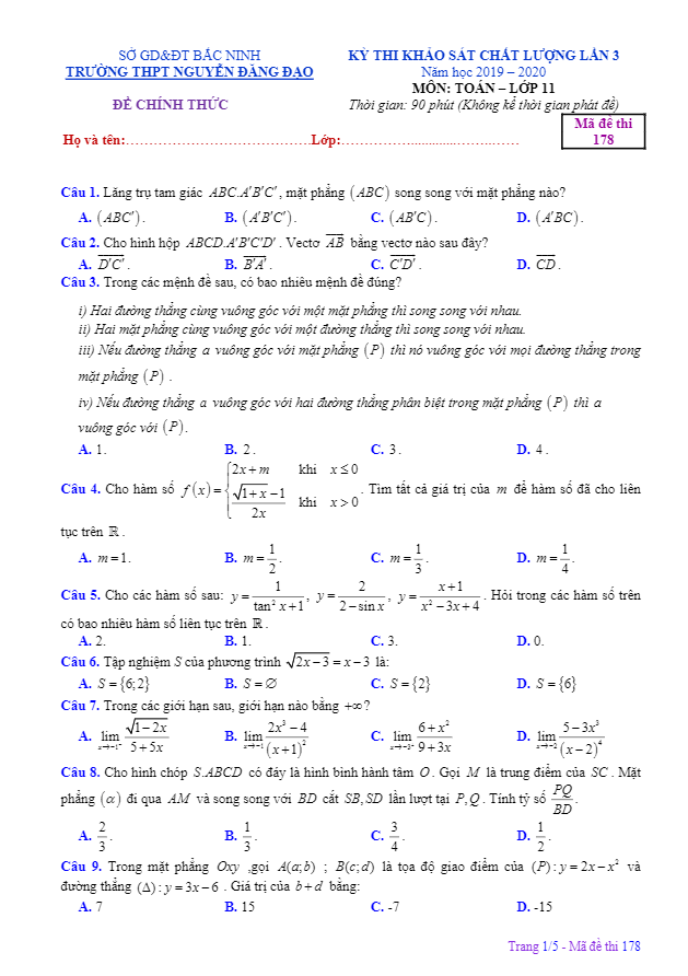 de khao sat lan 3 lop 11 mon toan nam 2019 2020 truong nguyen dang dao bac ninh d