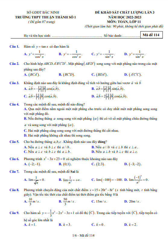 de khao sat lan 3 lop 11 mon toan nam 2022 2023 truong thpt thuan thanh 1 bac ninh d