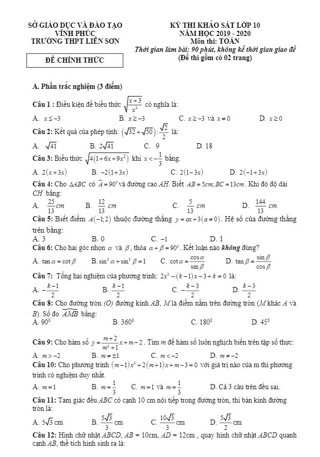 de khao sat lop 10 mon toan chuan bi nam hoc 2019 e28093 2020 truong lien son e28093 vinh phuc d