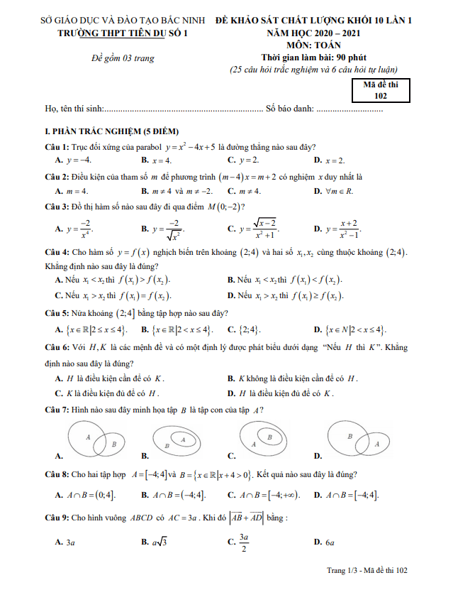 de khao sat lop 10 mon toan lan 1 nam 2020 2021 truong tien du 1 bac ninh d
