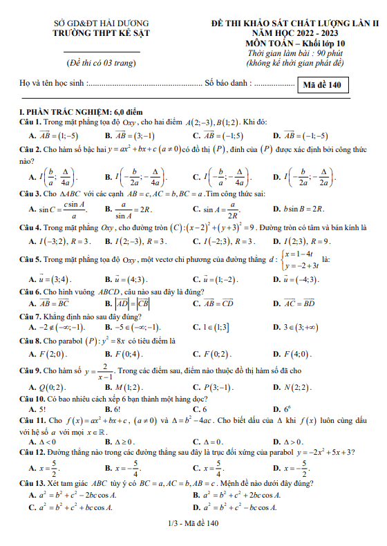 de khao sat lop 10 mon toan lan 2 nam 2022 2023 truong thpt ke sat hai duong d