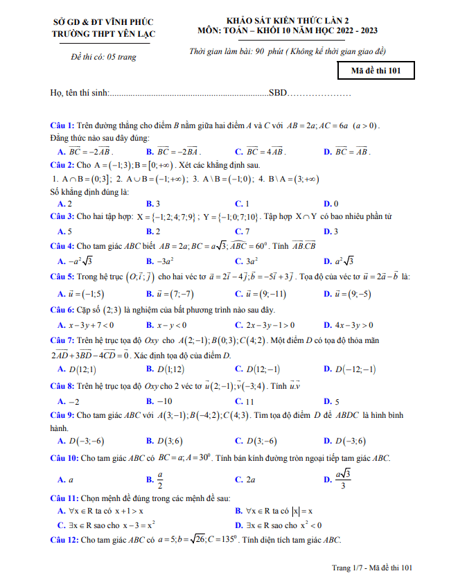 de khao sat lop 10 mon toan lan 2 nam 2022 2023 truong thpt yen lac vinh phuc d