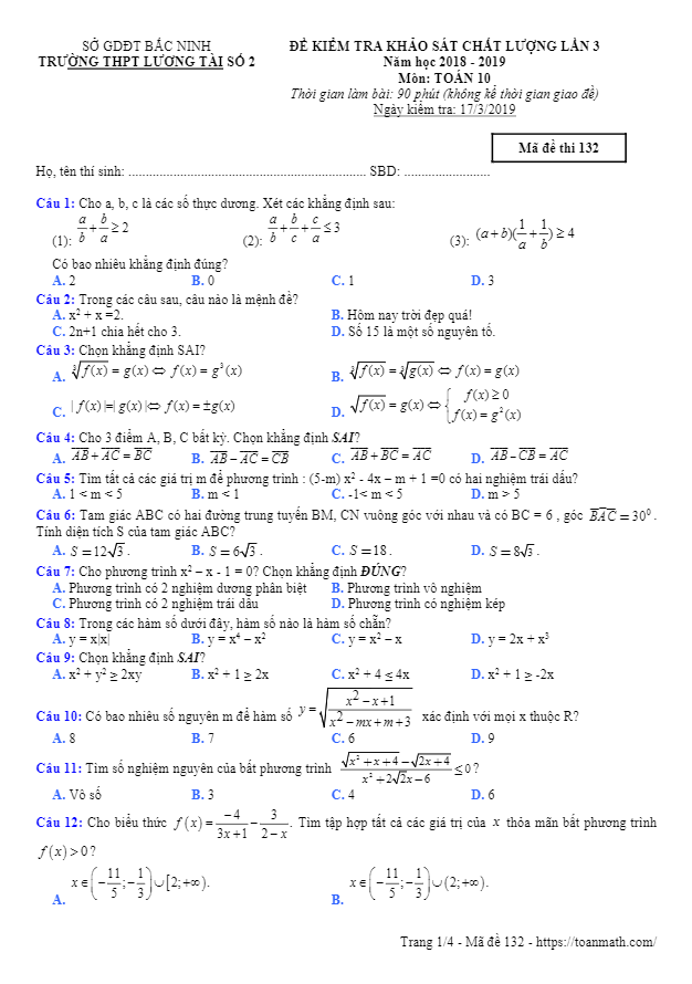 de khao sat lop 10 mon toan lan 3 nam 2018 2019 truong luong tai 2 bac ninh d