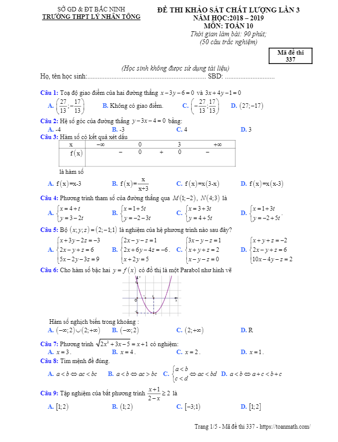 de khao sat lop 10 mon toan lan 3 nam 2018 2019 truong ly nhan tong bac ninh d