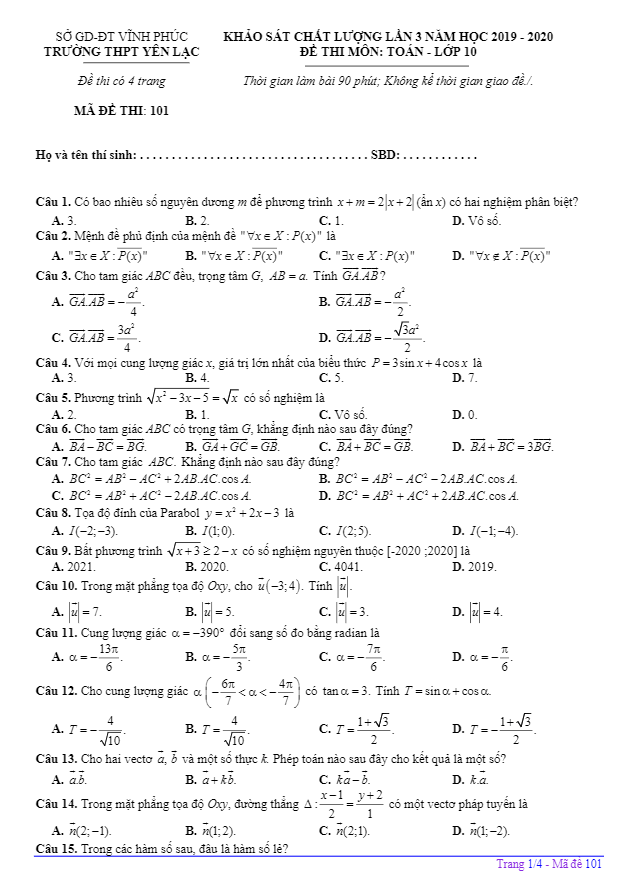 de khao sat lop 10 mon toan lan 3 nam 2019 2020 truong thpt yen lac vinh phuc d