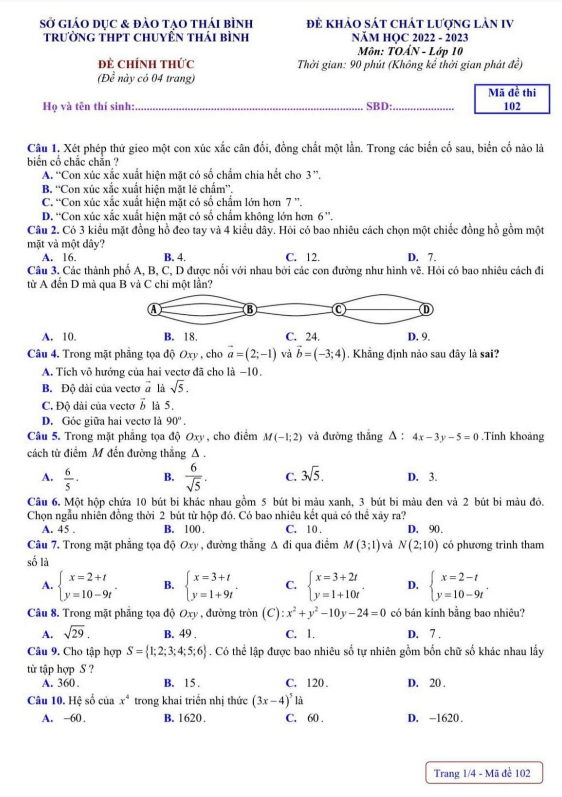 de khao sat lop 10 mon toan lan 4 nam 2022 2023 truong thpt chuyen thai binh d