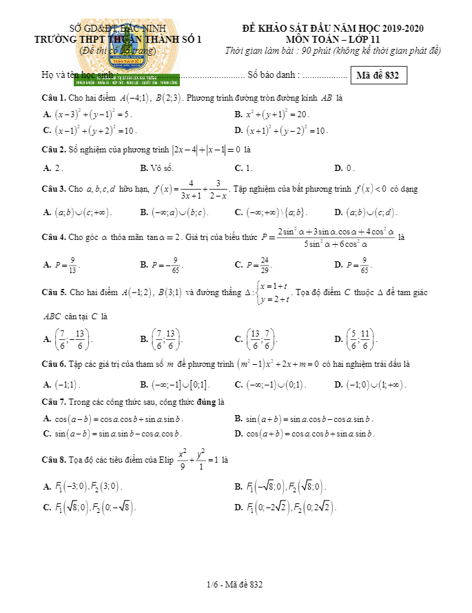 de khao sat lop 11 mon toan dau nam hoc 2019 2020 truong thuan thanh 1 bac ninh d