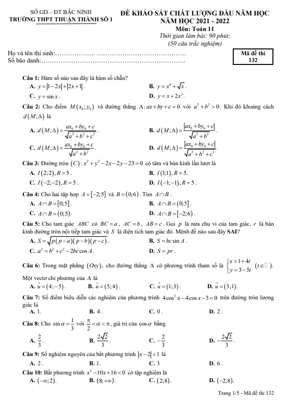 de khao sat lop 11 mon toan dau nam hoc 2021 2022 truong thuan thanh 1 bac ninh d
