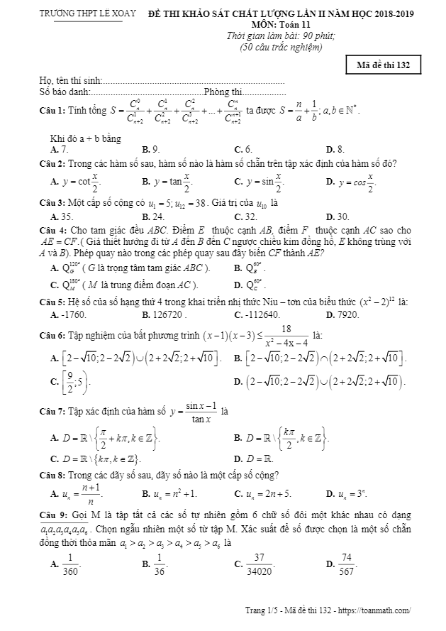 de khao sat lop 11 mon toan lan 2 nam 2018 2019 truong thpt le xoay vinh phuc d