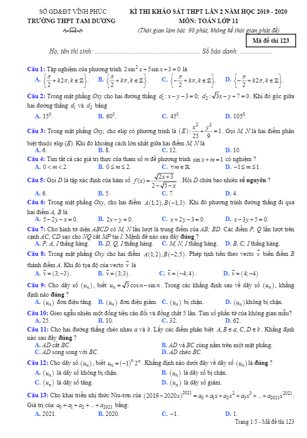 Đề khảo sát lớp 11 môn Toán lần 2 năm 2019 2020 trường Tam Dương Vĩnh Phúc 2 de khao sat lop 11 mon toan lan 2 nam 2019 2020 truong tam duong vinh phuc d
