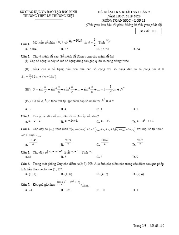 de khao sat lop 11 mon toan lan 2 nam 2019 2020 truong thpt ly thuong kiet bac ninh d