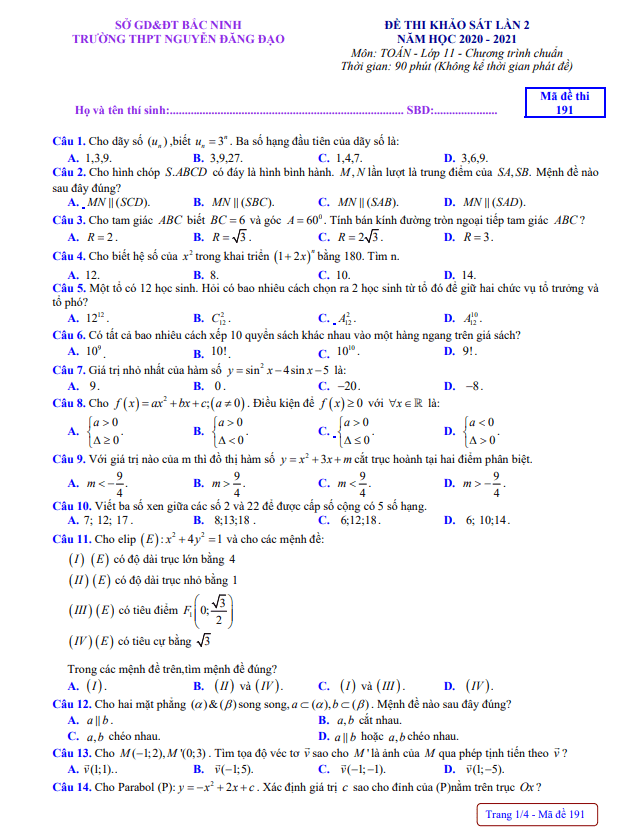 de khao sat lop 11 mon toan lan 2 nam 2020 2021 truong nguyen dang dao bac ninh d