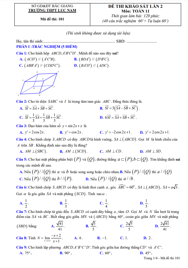 de khao sat lop 11 mon toan lan 2 nam 2022 2023 truong thpt luc nam bac giang d