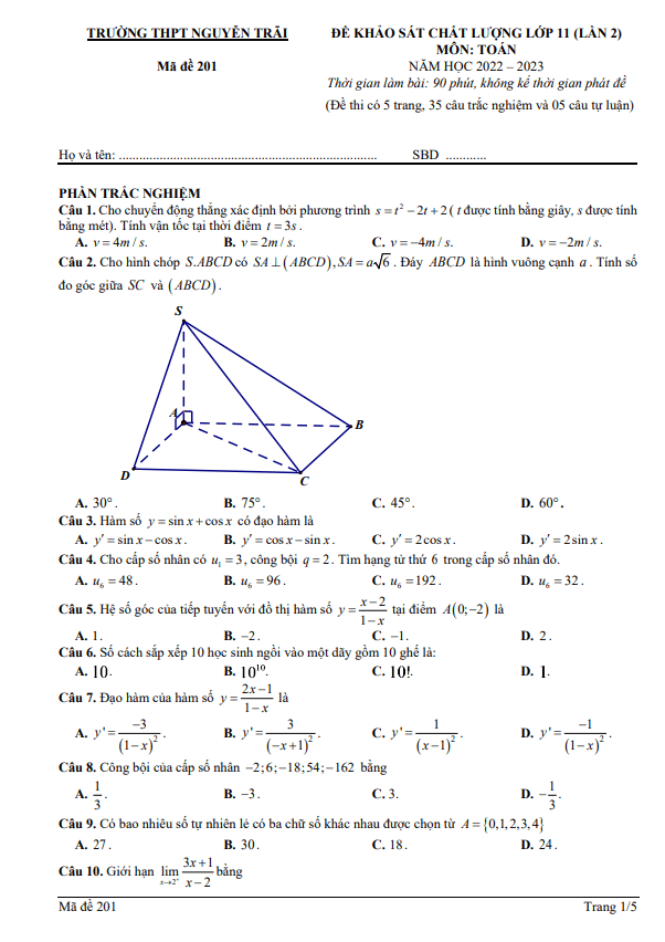 Đề khảo sát lớp 11 môn Toán lần 2 năm 2022 2023 trường THPT Nguyễn Trãi Thanh Hoá 7 de khao sat lop 11 mon toan lan 2 nam 2022 2023 truong thpt nguyen trai thanh hoa d