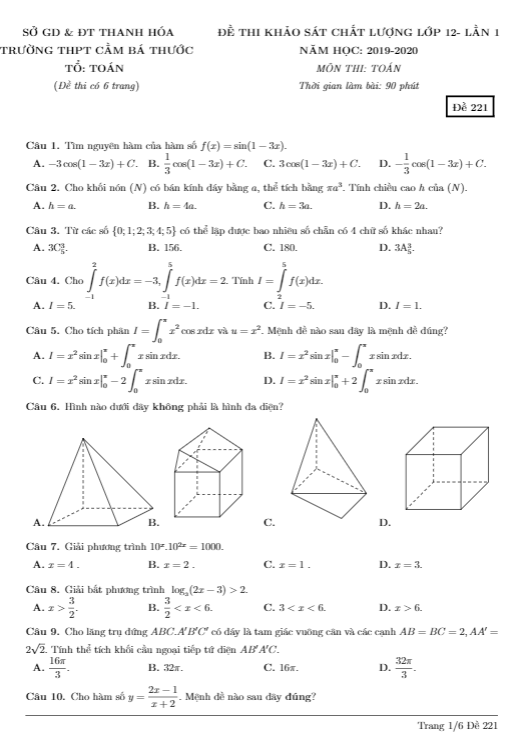 Đề khảo sát lớp 12 môn Toán lần 1 năm 2019 2020 trường Cầm Bá Thước Thanh Hóa 1 de khao sat lop 12 mon toan lan 1 nam 2019 2020 truong cam ba thuoc thanh hoa d