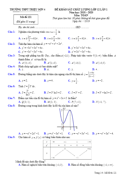de khao sat lop 12 mon toan lan 1 nam 2019 2020 truong trieu son 4 thanh hoa d