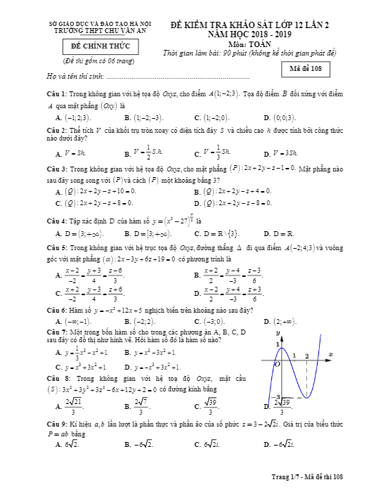 de khao sat lop 12 mon toan lan 2 nam 2018 2019 truong chu van an ha noi d