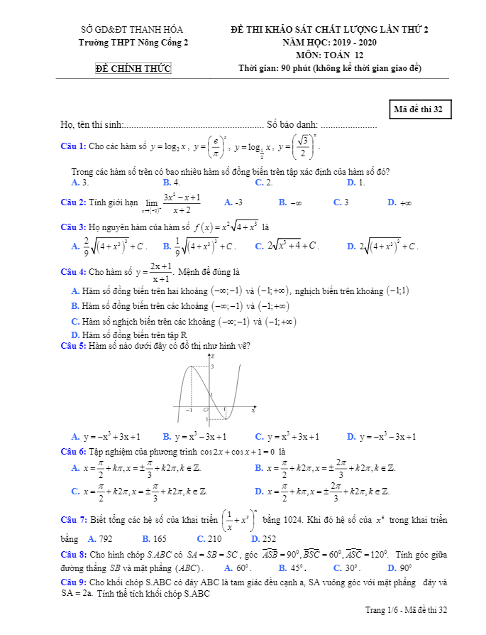 Đề khảo sát lớp 12 môn Toán lần 2 năm 2019 2020 THPT Nông Cống 2 Thanh Hóa 7 de khao sat lop 12 mon toan lan 2 nam 2019 2020 thpt nong cong 2 thanh hoa d