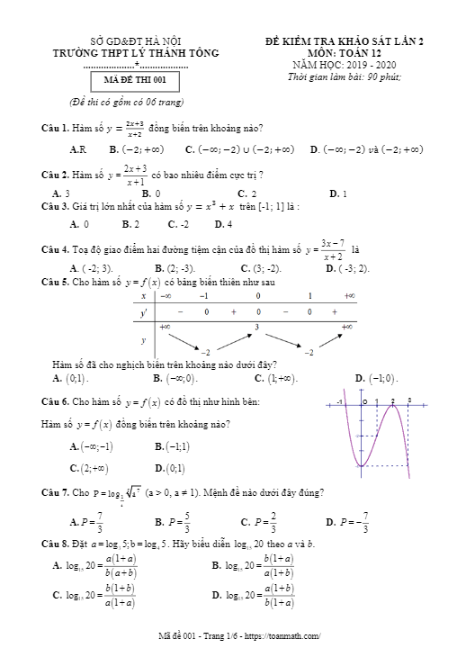 Đề khảo sát lớp 12 môn Toán lần 2 năm 2019 2020 trường Lý Thánh Tông Hà Nội 3 de khao sat lop 12 mon toan lan 2 nam 2019 2020 truong ly thanh tong ha noi d