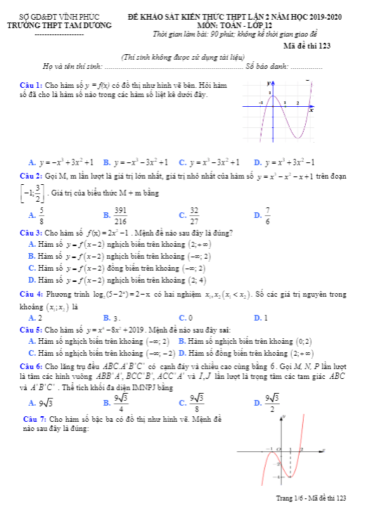 de khao sat lop 12 mon toan lan 2 nam 2019 2020 truong tam duong vinh phuc d