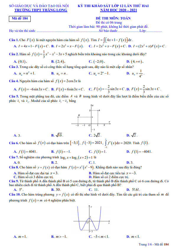 de khao sat lop 12 mon toan lan 2 nam 2020 2021 truong thpt thang long ha noi d