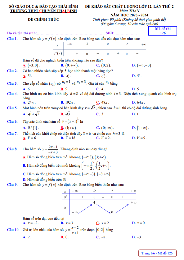 de khao sat lop 12 mon toan lan 2 nam 2023 2024 truong thpt chuyen thai binh d