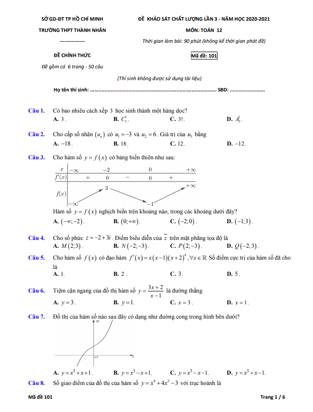 Đề khảo sát lớp 12 môn Toán lần 3 năm 2020 2021 trường THPT Thành Nhân TP HCM 4 de khao sat lop 12 mon toan lan 3 nam 2020 2021 truong thpt thanh nhan tp hcm d