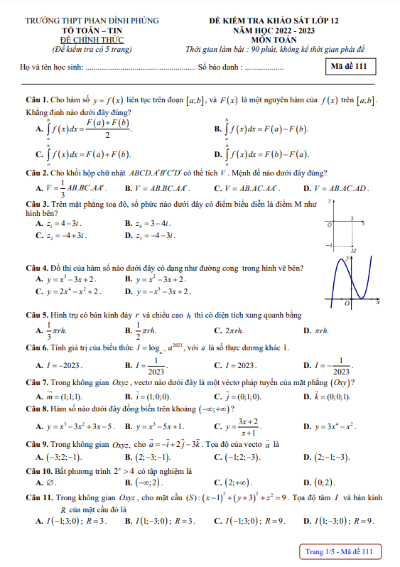 de khao sat lop 12 mon toan nam 2022 2023 truong thpt phan dinh phung ha noi d