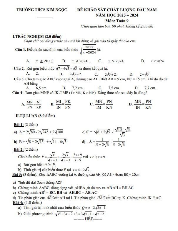 Đề khảo sát lớp 9 môn Toán đầu năm 2023 2024 trường THCS Kim Ngọc Vĩnh Phúc 8 de khao sat lop 9 mon toan dau nam 2023 2024 truong thcs kim ngoc vinh phuc d