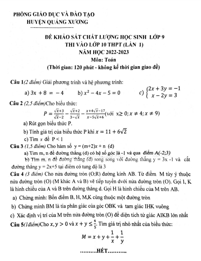 de khao sat lop 9 mon toan lan 1 nam 2022 2023 phong gd dt quang xuong thanh hoa d