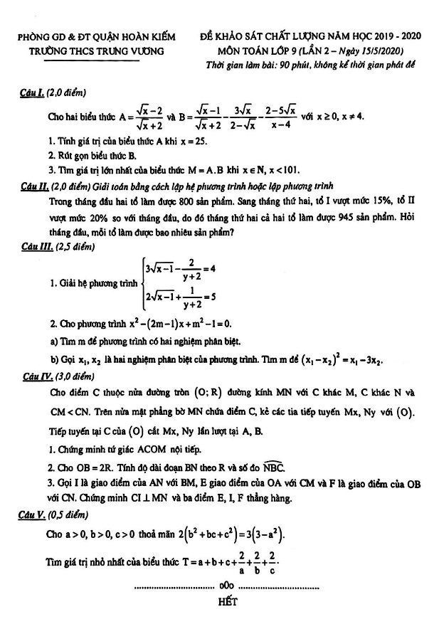 de khao sat lop 9 mon toan lan 2 nam 2019 2020 truong thcs trung vuong ha noi d