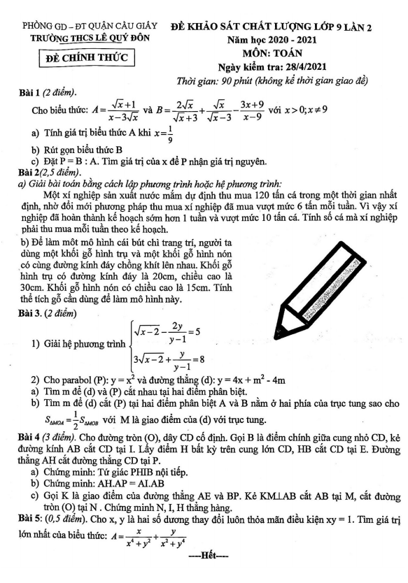 de khao sat lop 9 mon toan lan 2 nam 2020 2021 truong thcs le quy don ha noi d