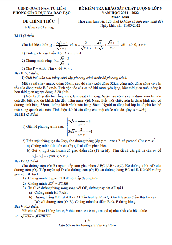 de khao sat lop 9 mon toan nam 2021 2022 phong gd dt nam tu liem ha noi d