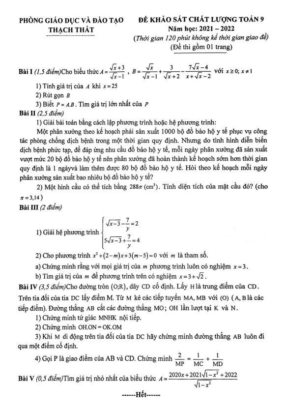 Đề khảo sát lớp 9 môn Toán năm 2021 2022 phòng GD ĐT Thạch Thất Hà Nội 7 de khao sat lop 9 mon toan nam 2021 2022 phong gd dt thach that ha noi d