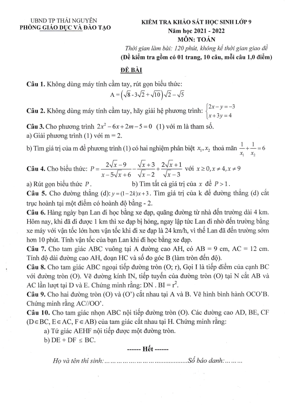de khao sat lop 9 mon toan nam 2021 2022 phong gd dt thanh pho thai nguyen d