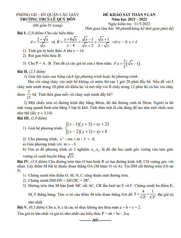de khao sat lop 9 mon toan nam 2021 2022 truong thcs le quy don ha noi d