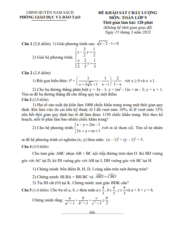 de khao sat lop 9 mon toan nam 2022 2023 phong gd dt nam sach hai duong d