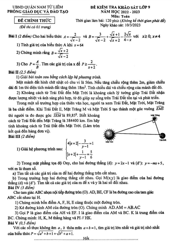de khao sat lop 9 mon toan nam 2022 2023 phong gd dt nam tu liem ha noi d