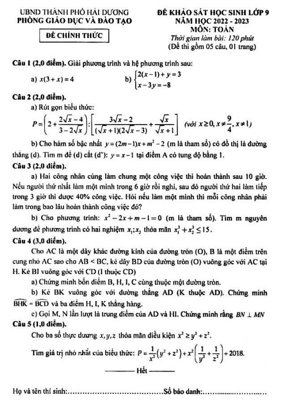 de khao sat lop 9 mon toan nam 2022 2023 phong gd dt thanh pho hai duong d
