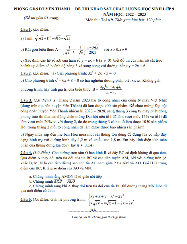Đề khảo sát lớp 9 môn Toán năm 2022 2023 phòng GD ĐT Yên Thành Nghệ An 7 de khao sat lop 9 mon toan nam 2022 2023 phong gd dt yen thanh nghe an d