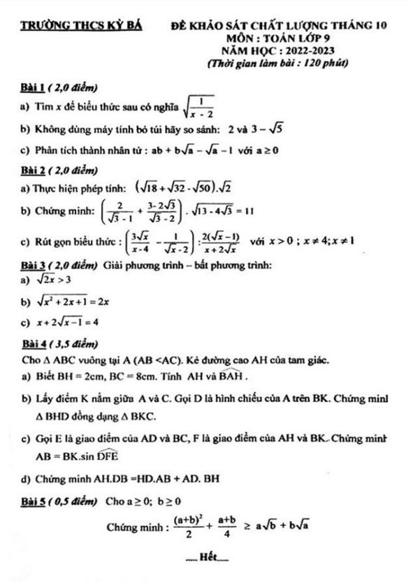 de khao sat lop 9 mon toan thang 10 nam 2022 truong thcs ky ba thai binh d