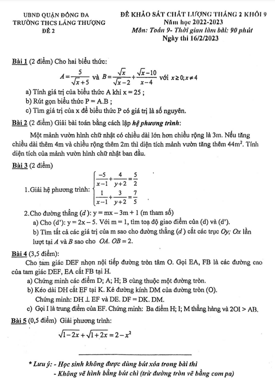 de khao sat lop 9 mon toan thang 2 nam 2023 truong thcs lang thuong ha noi d