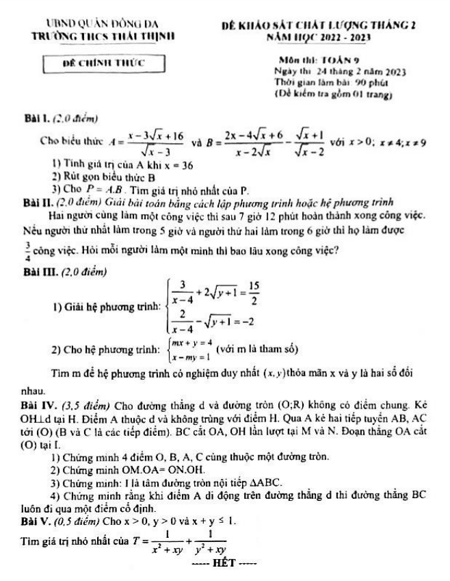 de khao sat lop 9 mon toan thang 2 nam 2023 truong thcs thai thinh ha noi d