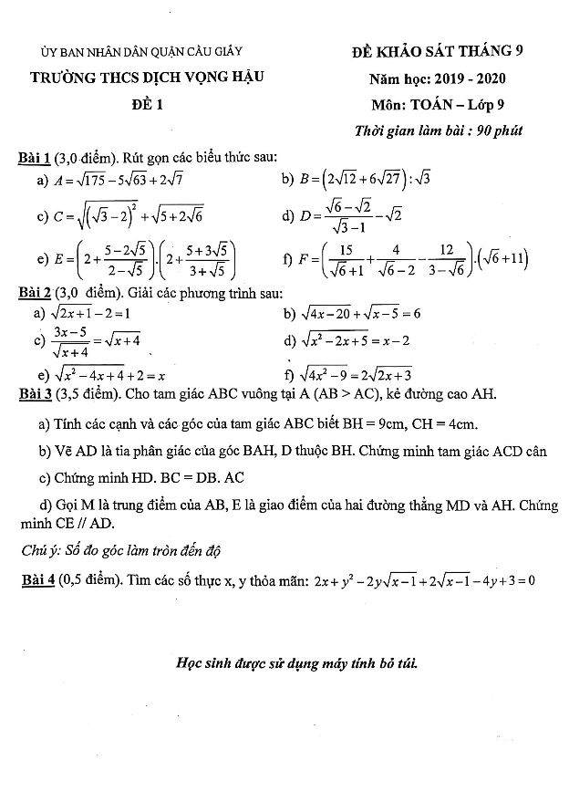 de khao sat lop 9 mon toan thang 9 nam 2019 2020 truong dich vong hau ha noi d
