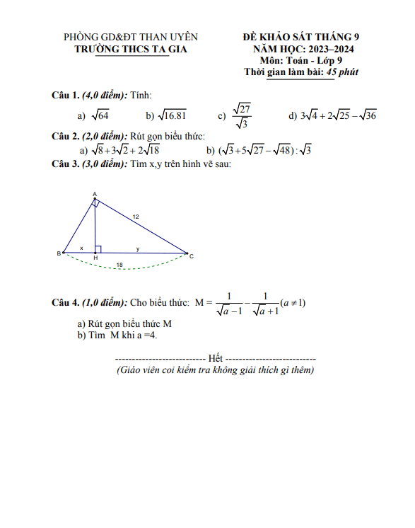 de khao sat thang 9 lop 9 mon toan nam 2023 2024 truong thcs xa ta gia lai chau d