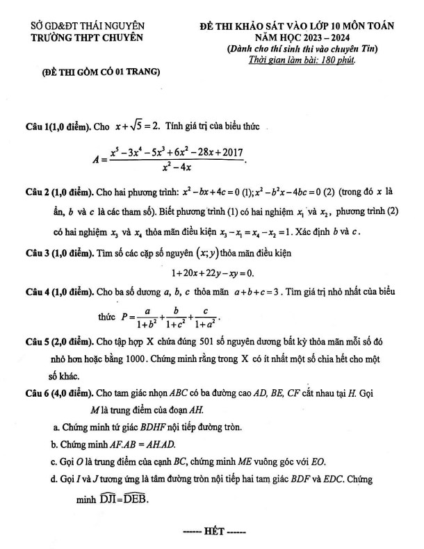 de khao sat toan tin vao nam 2023 2024 truong thpt chuyen thai nguyen d