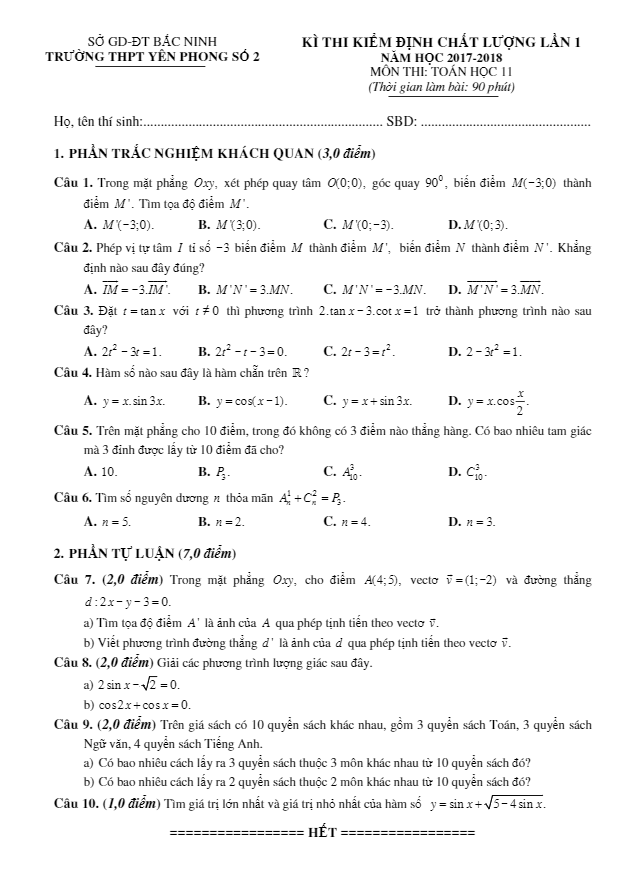 de kiem dinh chat luong lan 1 nam hoc 2017 2018 lop 11 mon toan truong thpt yen phong 2 bac ninh d